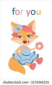 children’s cute greeting card fox  with a donut  with an inscription for you