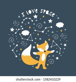 Cute greeting card with a fox and space. I love space. Poster, card, label, banner design.