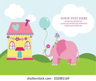 cute greeting card with fun elephant. vector illustration