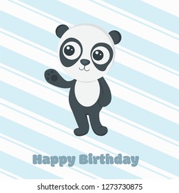 Cute greeting card with fun little panda bear baby. Happy Birthday.  Vector illustration