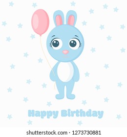 Cute greeting card with fun little bunny baby. Happy Birthday.  Vector illustration