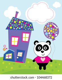 cute greeting card with fun panda . vector illustration