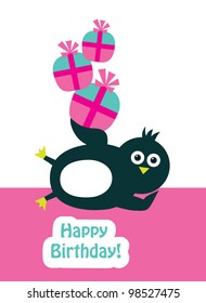 cute greeting card with fun penguin. vector illustration