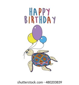 cute greeting card with fun turtle. vector illustration