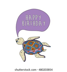 cute greeting card with fun turtle. vector illustration