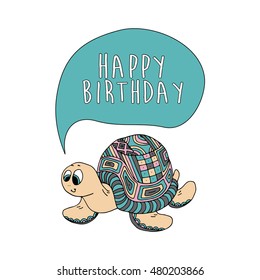 cute greeting card with fun turtle. vector illustration