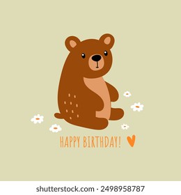 Tarjeta de felicitación linda con el oso divertido y el texto - feliz cumpleaños en un fondo verde. Ilustración vectorial.