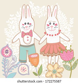 Cute greeting card with funny bunnies.