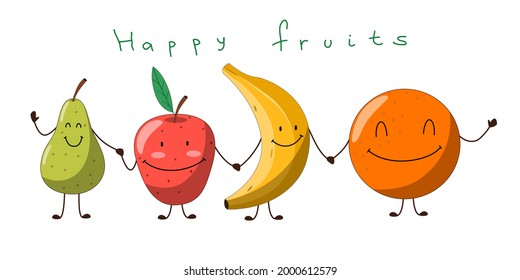 Cute greeting card with a funny cartoon character fruit. Apple, pear, banana and orange hold hands and smile.