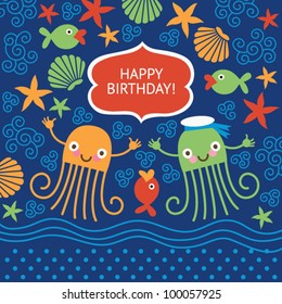 cute greeting card with funny octopuses