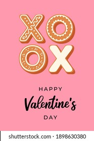 Cute greeting card with gingerbread cookies XOXO on February 14. Handwritten Text "Happy Valentine's Day". Vector flat stock illustration