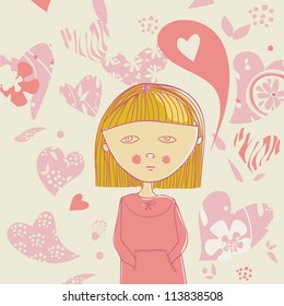 cute  greeting card girl and heart