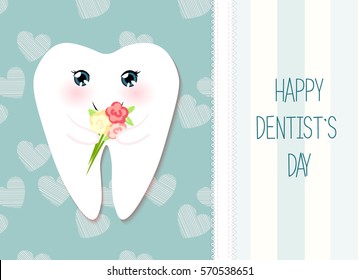 Cute greeting card Happy Dentist Day as funny smiling cartoon character of tooth with golden glitter crown