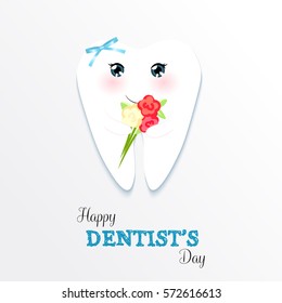 Cute greeting card Happy Dentist Day as funny smiling cartoon character of tooth with golden glitter crown