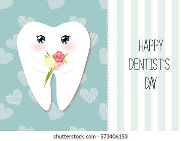 Cute greeting card Happy Dentist Day as funny smiling cartoon character of tooth with flowers