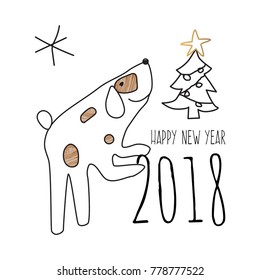 Cute greeting card. Happy New Year. Cartoon Dog Painting. Golden elements. Vector image.