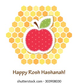 Cute greeting card Happy Rosh Hashanah (Jewish New Year) with red apple on honeycombs background