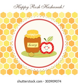 Cute greeting card Happy Rosh Hashanah (Jewish New Year) with traditional honey jar, stick and apple on honeycombs background