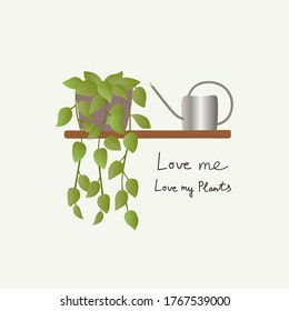 Cute greeting card with home plant and stylish watering can on wooden shelf. Vector flat design flyer with text Love me love my plants