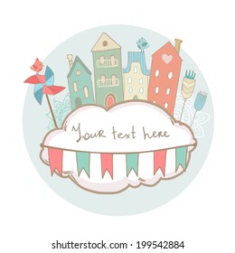 Cute greeting card with houses on the cloud. Vector illustration