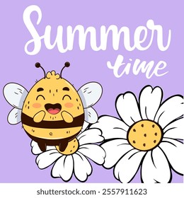 Cute greeting card illustration featuring a joyful bee sitting on a large white daisy. Summer time lettering. Vector flat illustration isolated on a lilac background.