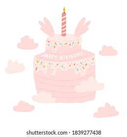 Cute greeting card with the inscription "happy birthday" with a cake and candles. Beautiful holiday card, cute delicate design. Vector illustration.