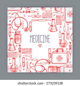 cute greeting card with medical supplies. hand-drawn illustration