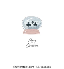 cute greeting card of Merry Christmas with hand drawn cartoon snow globe ball  with little  forest into it