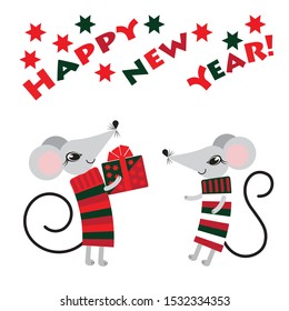 cute greeting card with cute mice. congratulations to the new year. mice dressed in striped sweaters. vector illustration. EPS 10.