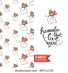 Cute greeting card for new year or christmas, inspired by xmas symbolism. Seamless pattern with stylized holiday symbol on one side, on another inscription: remember that i love you. Vector template