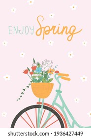 Cute greeting card on pink background. Basket with flowers on the bicycle. Spring holidays concept. Easter and Mother's Day. 