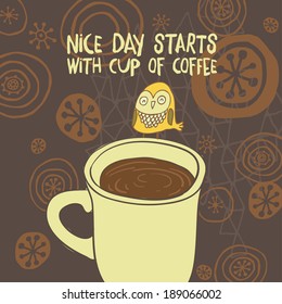 Cute greeting card with owls on coffee cup. Hand drawn vector illustration