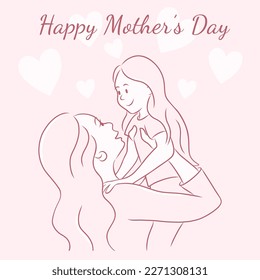 Cute greeting card in pastel pink tones. Mother holds her daughter. Mom with child. Motherhood concept. International Mother’s Day. Vector illustration for mothers day in sketch hand drawn style	