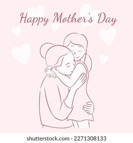 Cute greeting card in pastel pink tones.  Sweet mother holds her little daughter. Asian mom embraces her child. Motherhood concept. International Mother’s Day. Vector sketch hand drawn illustration