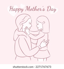 Cute greeting card in pastel pink tones. Sweet mother look at her little daughter. Scandinavian mom with her child. Motherhood concept. International Mother’s Day. Vector hand drawn illustration