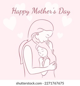 Cute greeting card in pastel pink tones. Sweet mother holds her little daughter. Mom embraces her child. Motherhood concept. International Mother’s Day. Vector illustration in sketch hand drawn style