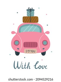 Cute greeting card. Pink cartoon car with gift boxes on the roof. Vector illustration in a flat style