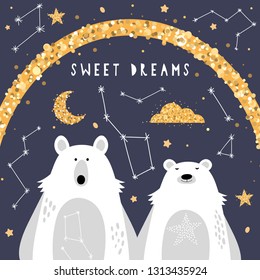 Cute greeting card with polar bears. Sweet Dreams. Night golden star background. Vector illustration. Constellations, sky, clouds. Children's interior.