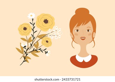 Cute greeting card or poster design for Spring holiday. International women's day or Mother's day card design. Pretty red hair woman and bouquet of flowers. Vector illustration.