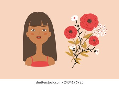Cute greeting card or poster design for Spring holiday with brown skin woman. International women's day or Mother's day card design. Pretty African woman and bouquet of flowers. Vector illustration.