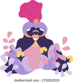 Cute greeting card, poster template for mother's day. Mom and daughter are happy and loving together. Vector flat illustration.