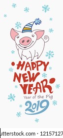 Cute greeting card with a pretty pig. Happy New Year 2019. Christmas decor blue snowflakes. Vector New Year's design.