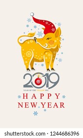 Cute greeting card with a pretty pig boar in a red cap. Happy New Year 2019. Christmas decor blue snowflakes. Vector New Year's design. 