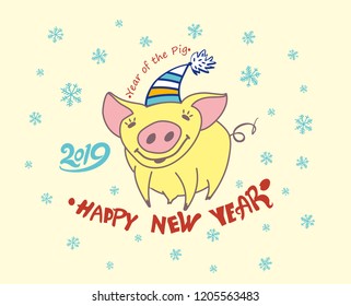 Cute greeting card with a pretty yellow pig. 2019. Christmas decor Snowflakes. Happy New Year! Vector New Year's design. 