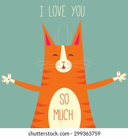 Cute greeting card with red cat. Vector illustration