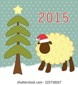 Cute greeting card with retro fabric applique of sheep and fir tree in shabby chic style