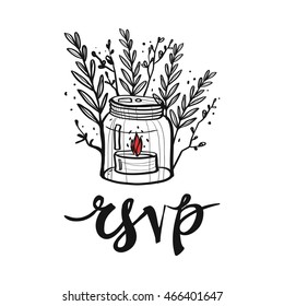 Cute greeting card with rsvp lettering and jar candlestick. Sketch for floral rustic eco decoration autumn celebration, greeting card or banner. Hand drawn symbols on white backdrop.
