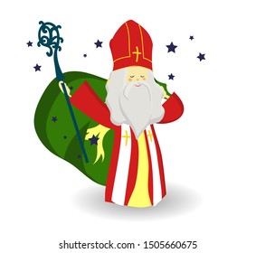 Cute greeting card with Saint Nicholas with mitre, pastoral staff and falling snow. European winter tradition. Hand-lettered text. Flat design, vector illustration