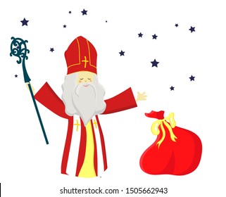 Cute greeting card with Saint Nicholas with mitre, pastoral staff and falling snow. European winter tradition. Hand-lettered text. Flat design, vector illustration