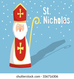 Cute greeting card with Saint Nicholas with mitre and pastoral staff, flat design, vector illustration 